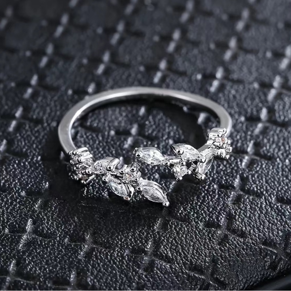 Leaf Inlaid Zircon Open Diamond Rings Gold Silver Adjustable Fine Jewelry